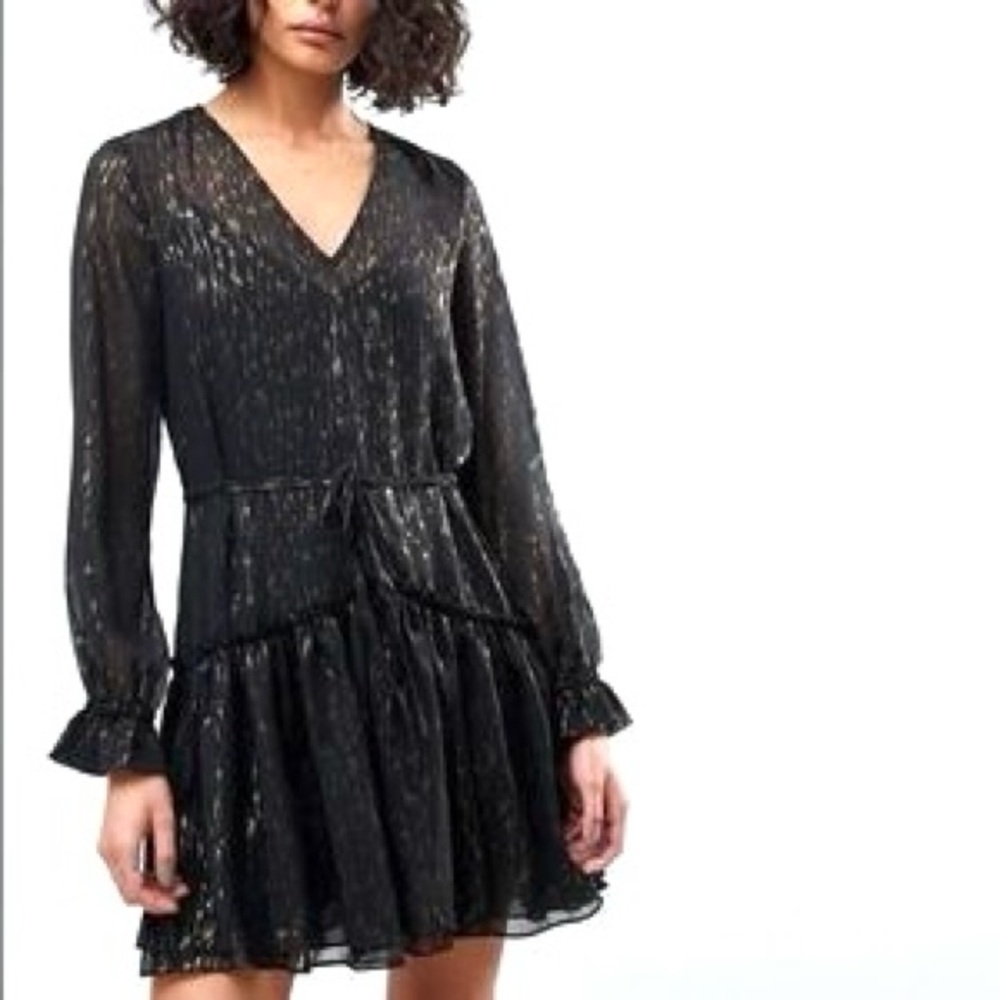 AllSaints Alia Flec Mini Dress Black Gold Metallic Sheer Size M Style WD608M